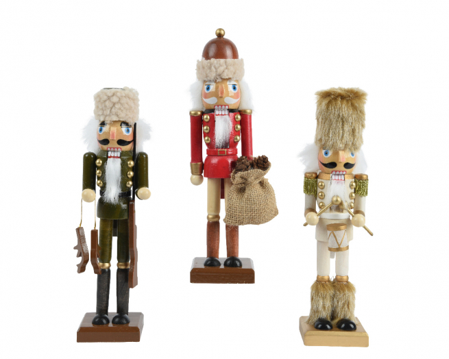 Soldato "Schiaccianoci" in legno su base, altezza 38 cm, modelli assortiti