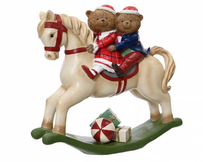 Cavallo a dondolo con orsetti in poliresina, altezza 33.5 cm