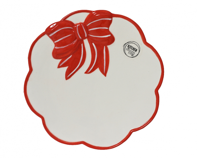 Piatto da portata in porcellana bianca con fiocco rosso, diametro 24.5 cm