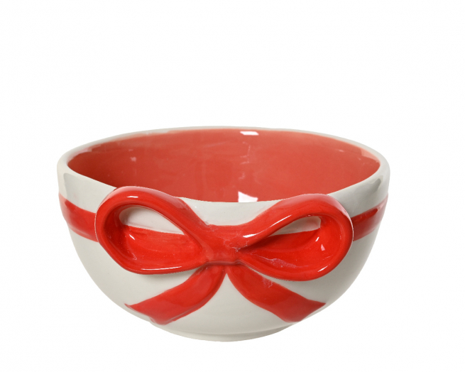 Ciotola in dolomite bianca con fiocco rosso, diametro 14.8 cm