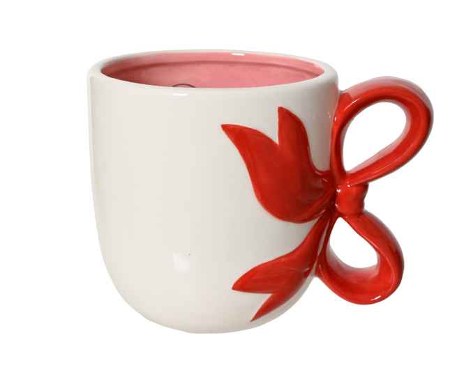 Mug in porcellana bianca con fiocco rosso, altezza 11.5 cm