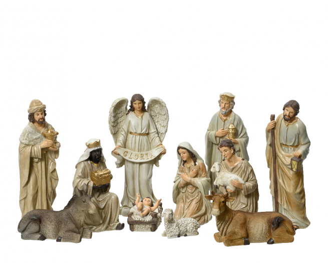 Natività in poliresina dipinta, altezza 24.5 cm, set da 11 pezzi