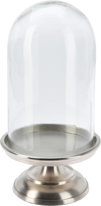 Alzata in alluminio argento con cupola di vetro, altezza 28 cm