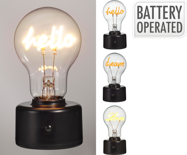 Lampada trasparente con scritta, altezza 12 cm, modelli assortiti