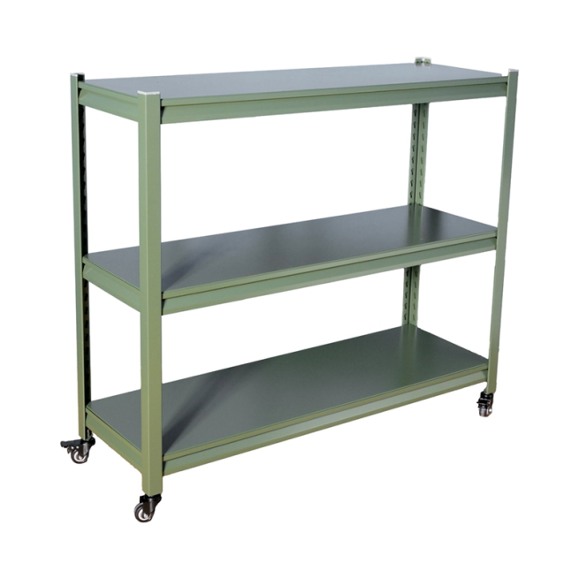 Scaffale con 3 ripiani in metallo verde con ruote, altezza 100 cm