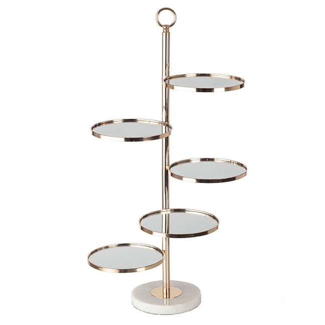 Alzata in metallo oro con 5 piani specchio e base d'appoggio rotonda in marmo, altezza 73 cm