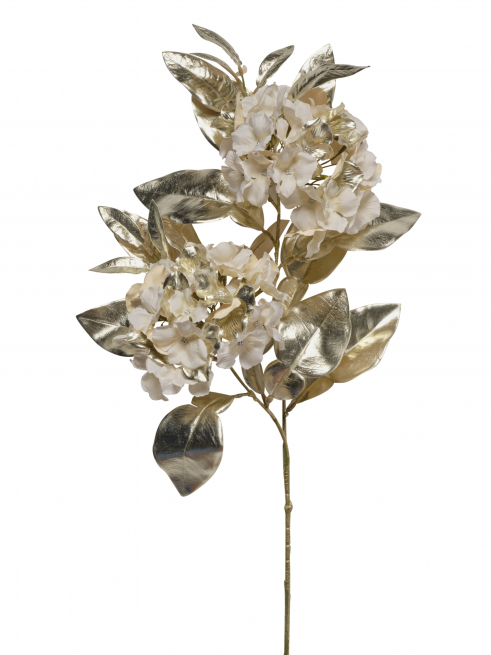 Ramo di ortensie crema con foglie oro, altezza 94 cm