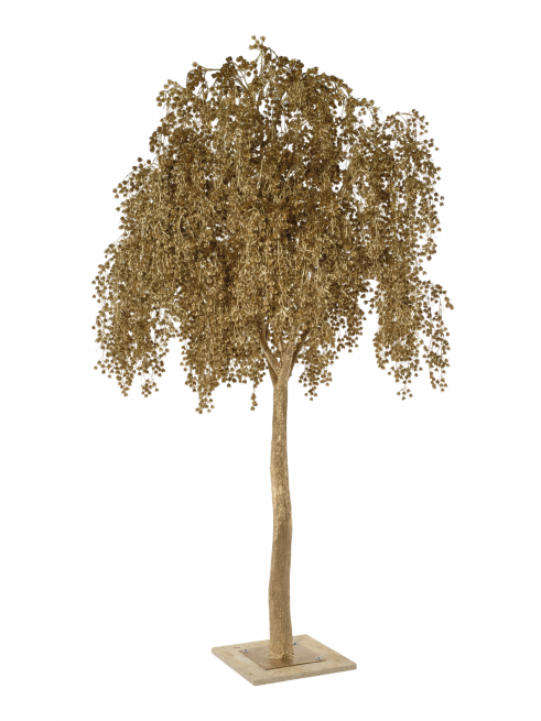 Pino marittimo oro con pigne su base in legno, altezza 300 cm