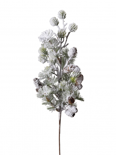 Ramo di pino verde innevato con pigne, altezza 78 cm