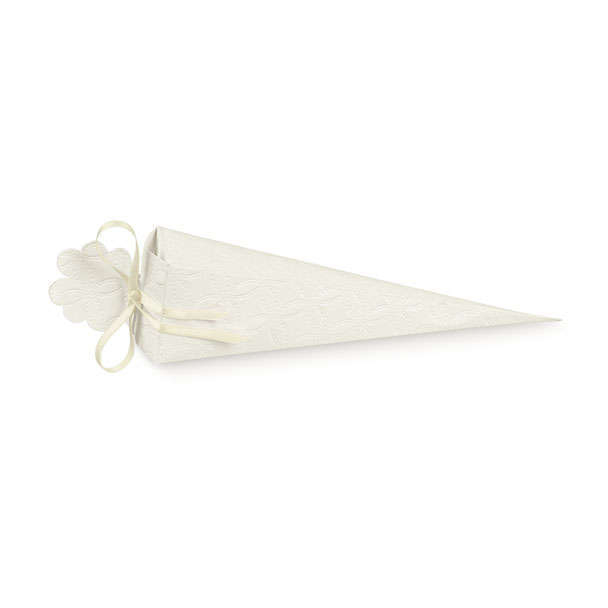Cono quadrato porta confetti in cartoncino con texture bianca, 40x155mm, confezione da 10 pezzi