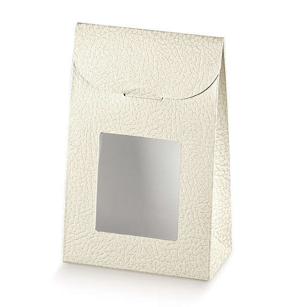 Sacchetto in cartone bianco perlato, base rettangolare, con finestra frontale