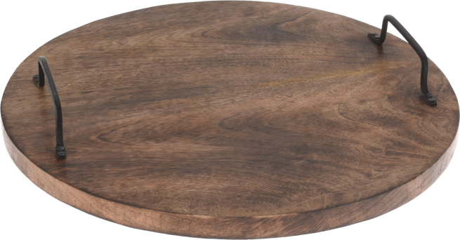 Tagliere in legno brunito con manici in metallo, diametro 39 cm