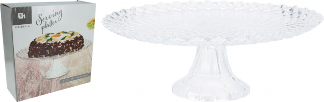 Alzata in vetro trasparente lavorato, diametro 26 cm, altezza 9 cm