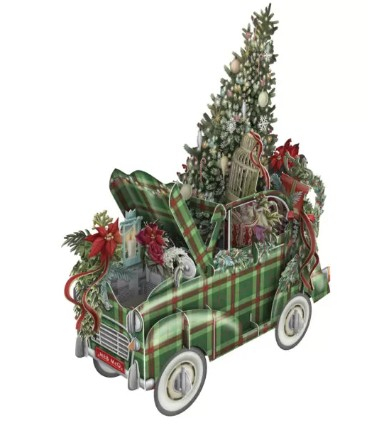 Biglietto POP-UP tridimensionale "Auto tartan verde natale'