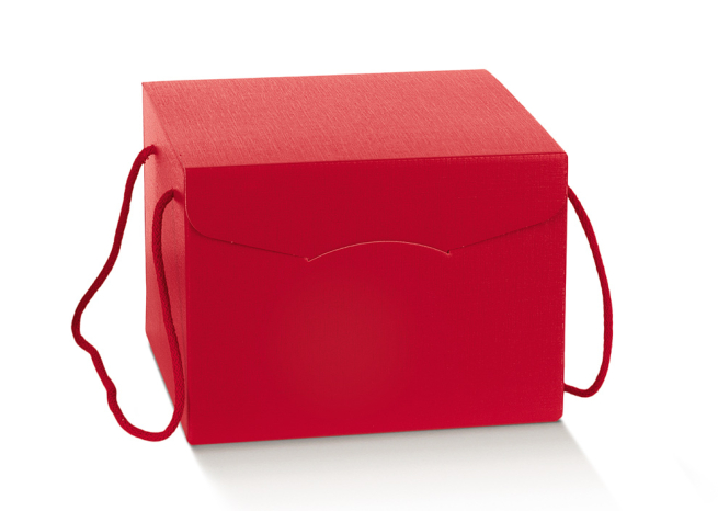 Scatola "Segreto" automontante con cordini, base rettangolare in cartone rosso, 29x35.5x19.5 cm