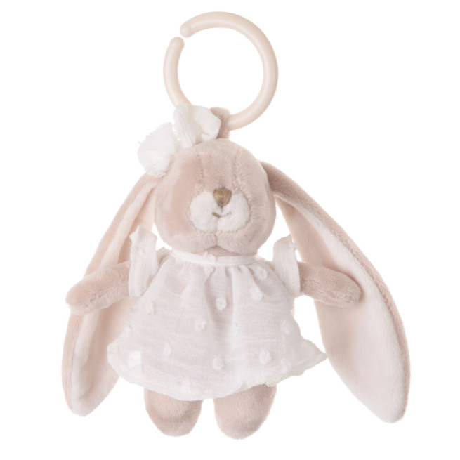 Coniglietta musicale "Lena" con vestito bianco, altezza 15 cm in scatola regalo