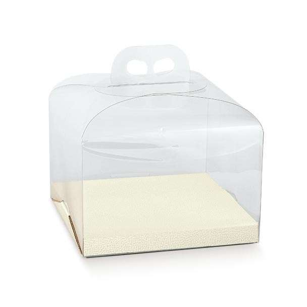 Scatola trasparente in PVC con fondo in cartone rialzato, base 25x25 cm, altezza 16 cm, confezione da 10 pezzi