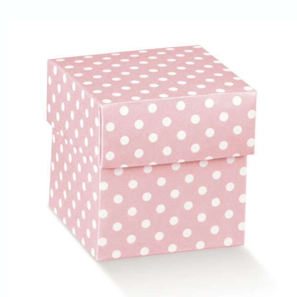 Scatola "Cubetto" in cartoncino fantasia pois con coperchio, formato 5x5x5cm, confezione da 10 pezzi