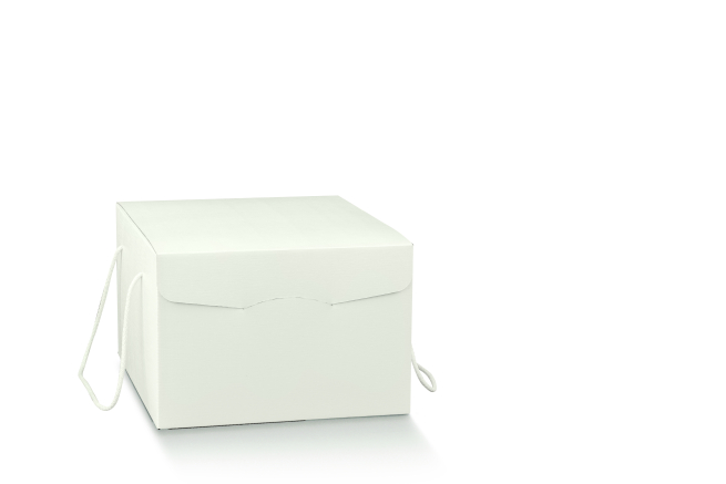 Scatola "Segreto" automontante con cordini in cartone bianco, base quadrata 24.5x24.5 altezza 15 cm, confezione da 30 pezzi