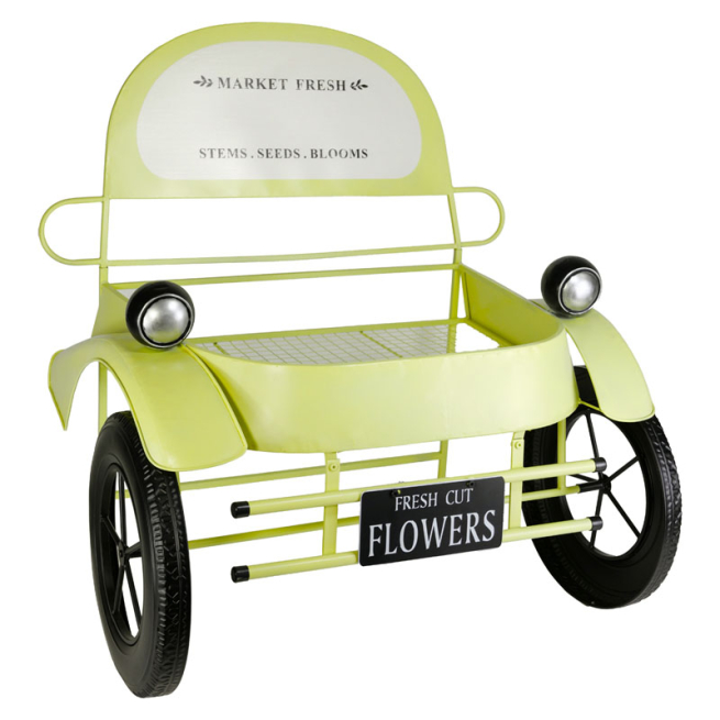 Fioriera in metallo giallo a forma di macchina, altezza 92 cm