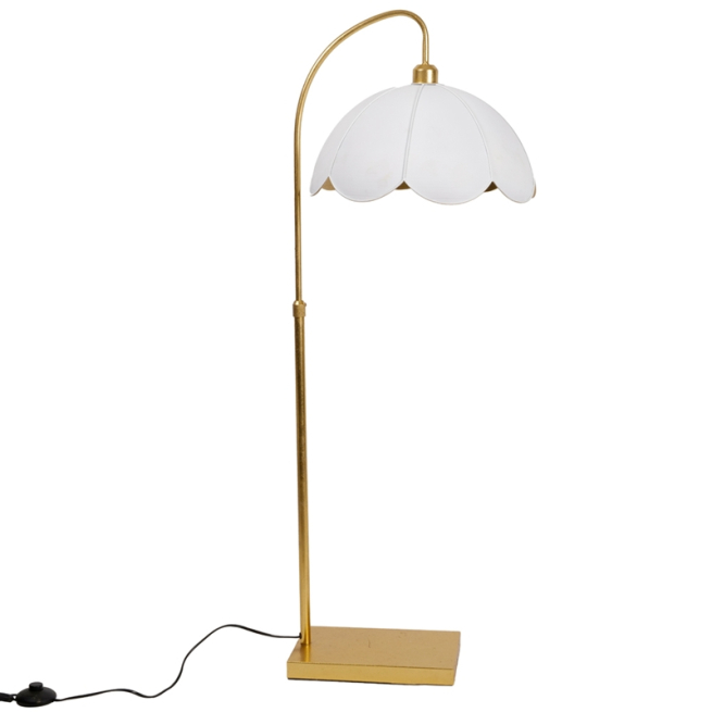 Lampada in metallo oro con paralume bianco, altezza 120 cm