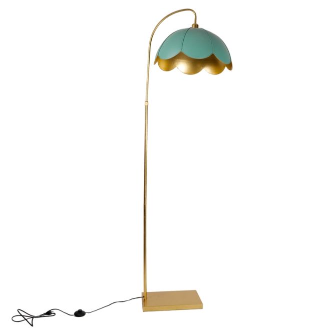 Lampada in metallo oro con paralume verde, altezza 180 cm