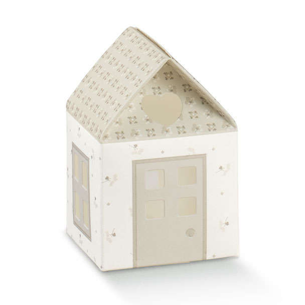 Scatola sagomata "Casetta" in cartoncino linea tortora, 55x55mm, altezza 80mm, confezione da 10 pezzi