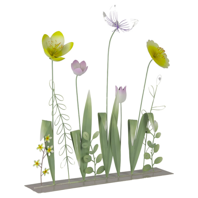 Gruppo di fiori assortiti in metallo su base, varie misure