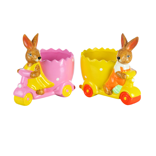 Vaso in terracotta con coniglio su monopattino, altezza 16 cm, soggetti assortiti