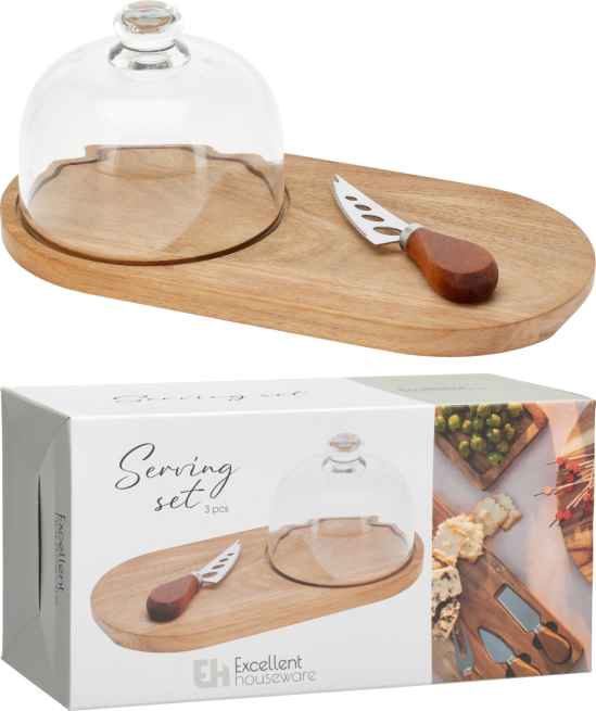 Set vassoio in bamboo con coltellino e campana di vetro, 14x30 cm