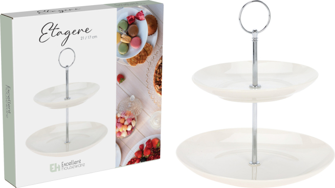 Alzata 2 piani in porcellana bianca, altezza 24 cm