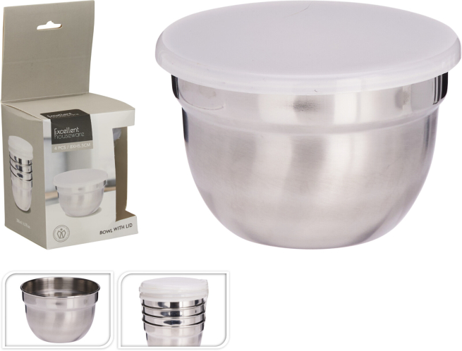 Set da 4 ciotole in acciaio inox con coperchio, diametro 8 cm