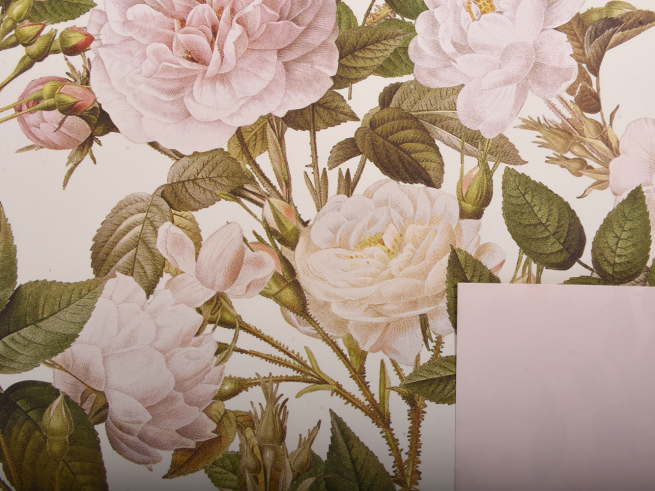 Carta da regalo in rotolo stampa "Fleur de rosier" con fiori fondo e interno rosa cipria, altezza 70 cm, lunghezza 40 metri