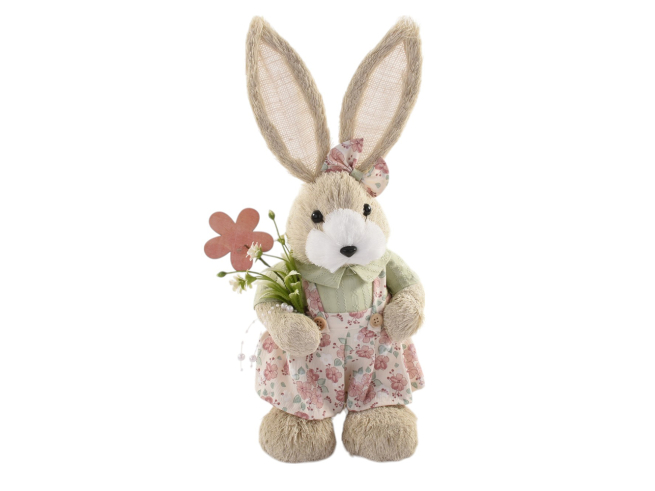 Coniglio in saggina naturale con fiore e salopette verde e rosa, altezza 42 cm