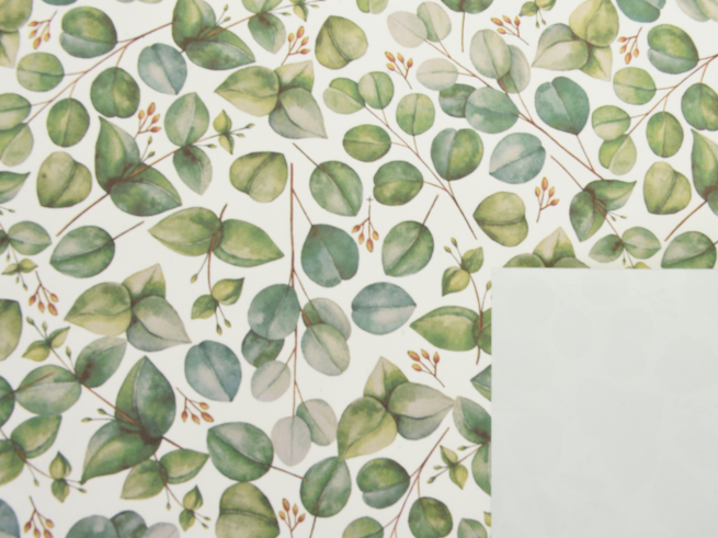 Carta da regalo in rotolo stampa "Mini" con foglie menta, fondo e interno grigio, altezza 1 metro, lunghezza 25 metri