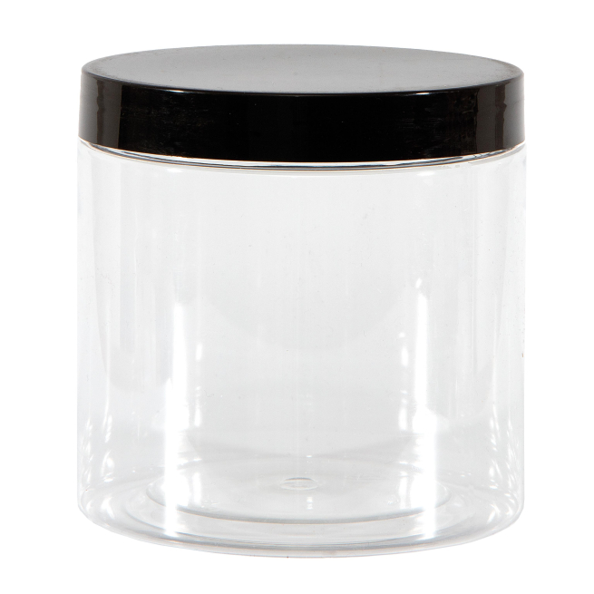 Barattolo trasparente in PET con tappo nero, diametro 9.8 cm, confezione da 6 pezzi