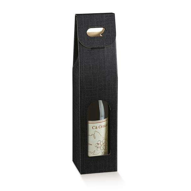 Scatola porta bottiglie in cartone nero con finestra frontale e maniglia superiore