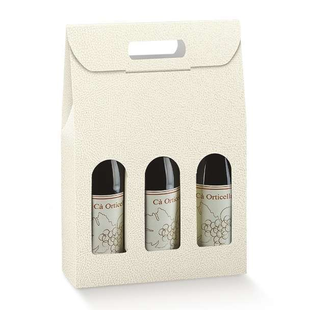 Scatola porta bottiglie in cartone bianco effetto pelle con finestra e maniglia superiore, cartone da 30 pezzi, vari formati