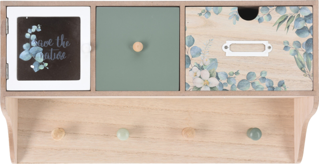 Armadietto in legno con cassetti e 4 ganci, lunghezza 38 cm