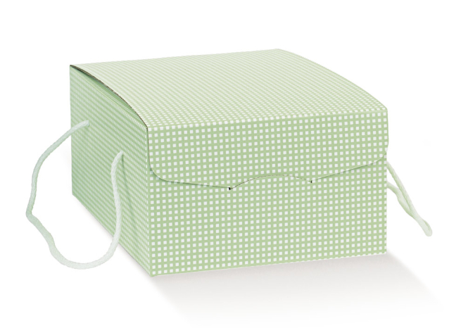 Scatola "Segreto" automontante con cordini, base rettangolare in cartone quadretti verdino, cartone da 30 pezzi