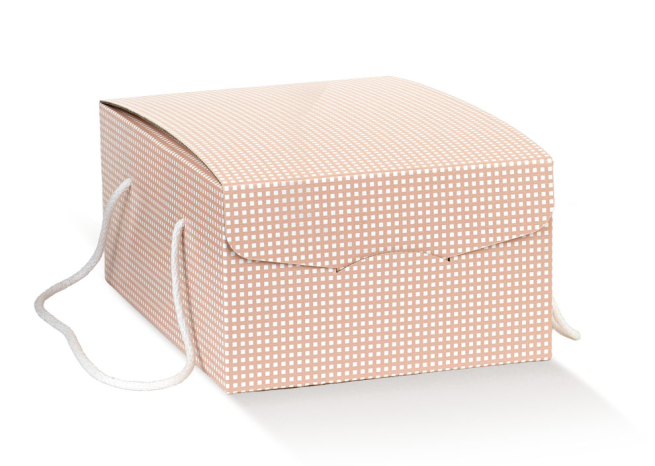 Scatola "Segreto" automontante con cordini, base rettangolare in cartone quadretti pesca, cartone da 30 pezzi