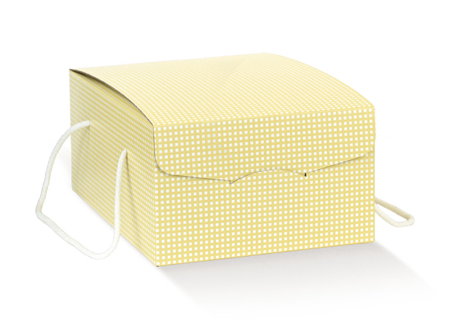 Scatola "Segreto" automontante con cordini, base rettangolare in cartone quadretti giallo, cartone da 30 pezzi