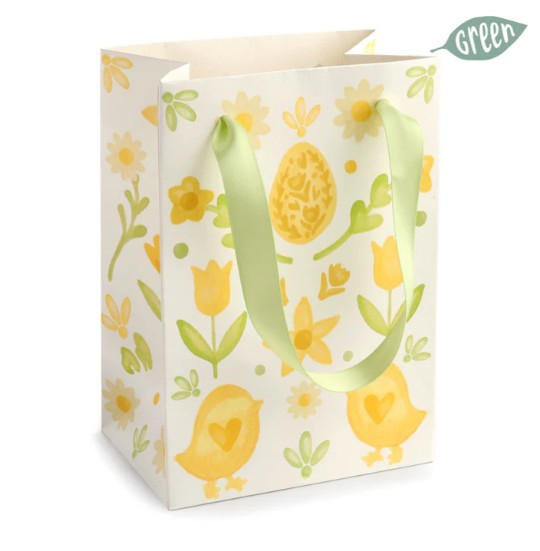Shopper in carta fantasia "Folky Easter" con maniglia verde chiaro, formato 17x12+8 cm, confezione da 5 pezzi