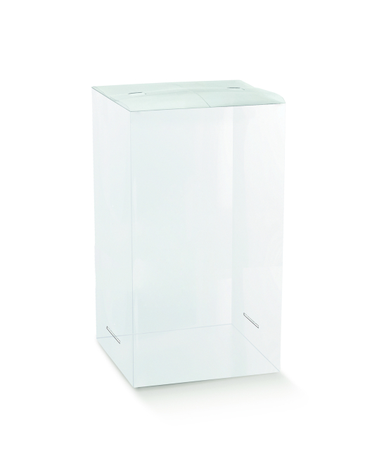 Scatola in plastica trasparente senza fondo a base quadrata, da completare con i fondi astuccio, varie misure