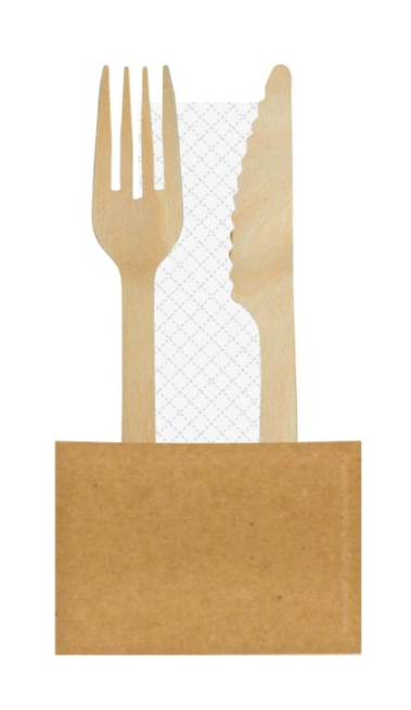 Bis posate in legno biodegradabile con tovagliolo 30x30 cm 2 veli monoimbustato, confezioni da 100 pezzi
