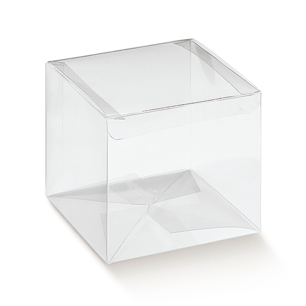Scatola in plastica trasparente, con base quadrata automontante a incastro, vari formati