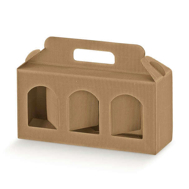Scatola porta 3 vasetti con finestra in cartone onda avana, confezione da 10 pezzi, vari formati