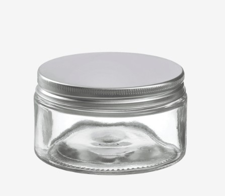 Barattolo in vetro con coperchio in metallo argento, diametro 9.3 cm, varie altezze