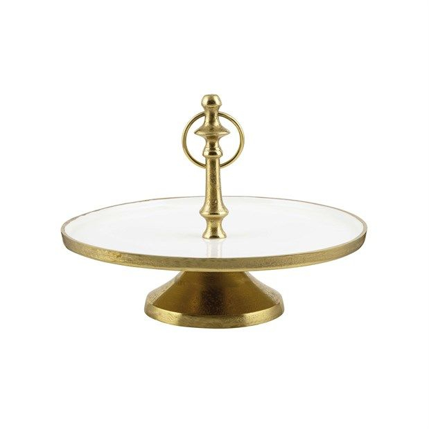 Alzata in metallo oro con piatto smaltato avorio, diametro 30 cm, altezza 24 cm