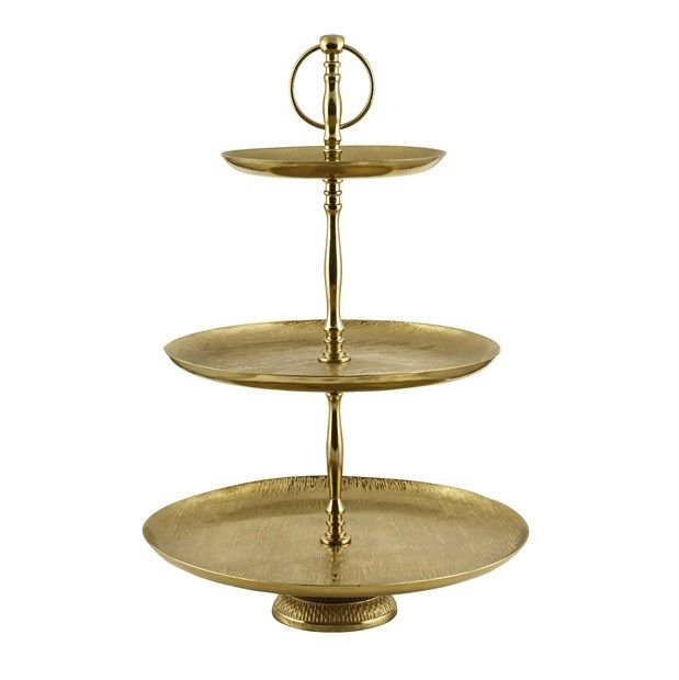 Alzata a tre piani in alluminio oro, diametro 34/30/20 cm, altezza 43 cm